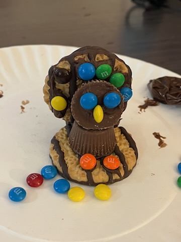 Add Frosting to the back cookie, face, and base.  Use mini M&Ms to make feathers, feet, and a face.