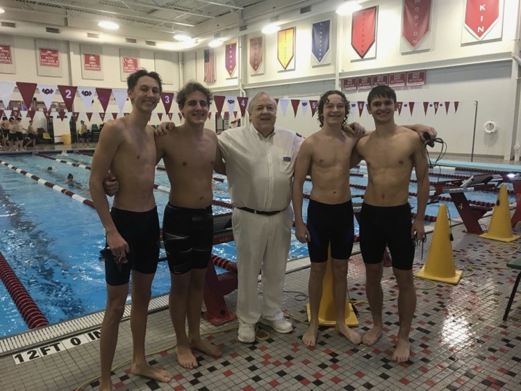 LCHS swimmers from L to R:  Ben Subbert, Luke Stout, Adam Miller, and Jack Manley